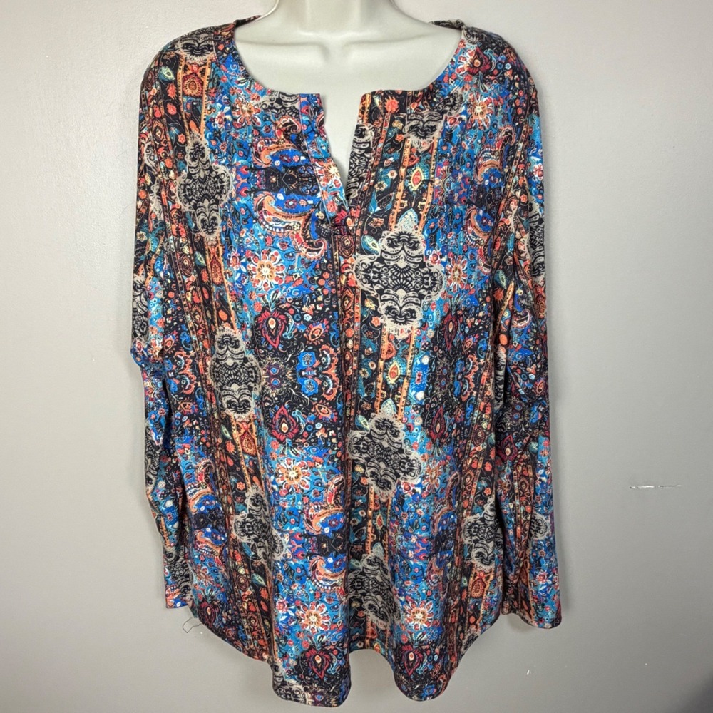 Women Bohemian Paisley Medallion Print Long Sleeve Split Neck Top Multi-Color XL